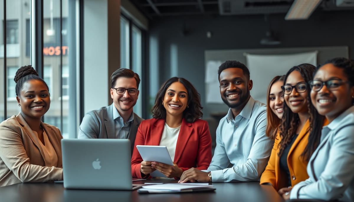 A diverse group of professional consultants in a modern office, collaborating and smiling, representing diversity, equity and inclusion in the USA