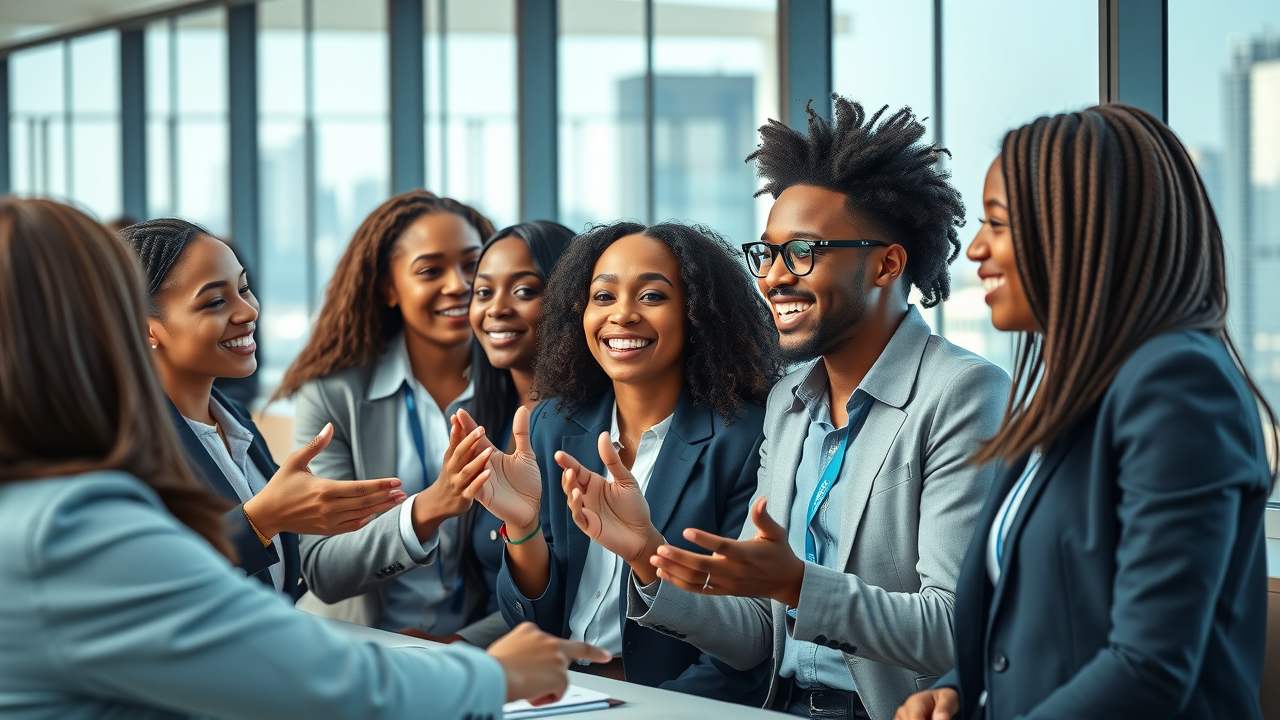 Diverse group at work enjoying the fruits of DE&I training